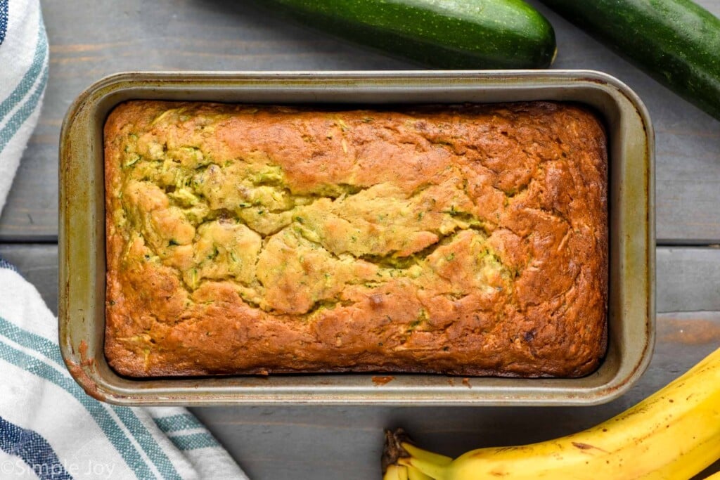 Overhead photo of a loaf of Banana Zucchini Bread