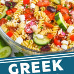 pinterest graphic of a bowl of greek pasta salad that says: greek pasta salad simplejoy.com