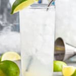 a tall glass with ice filled with a gin rickey, garnished with a lime wedge and with a metal straw - 8