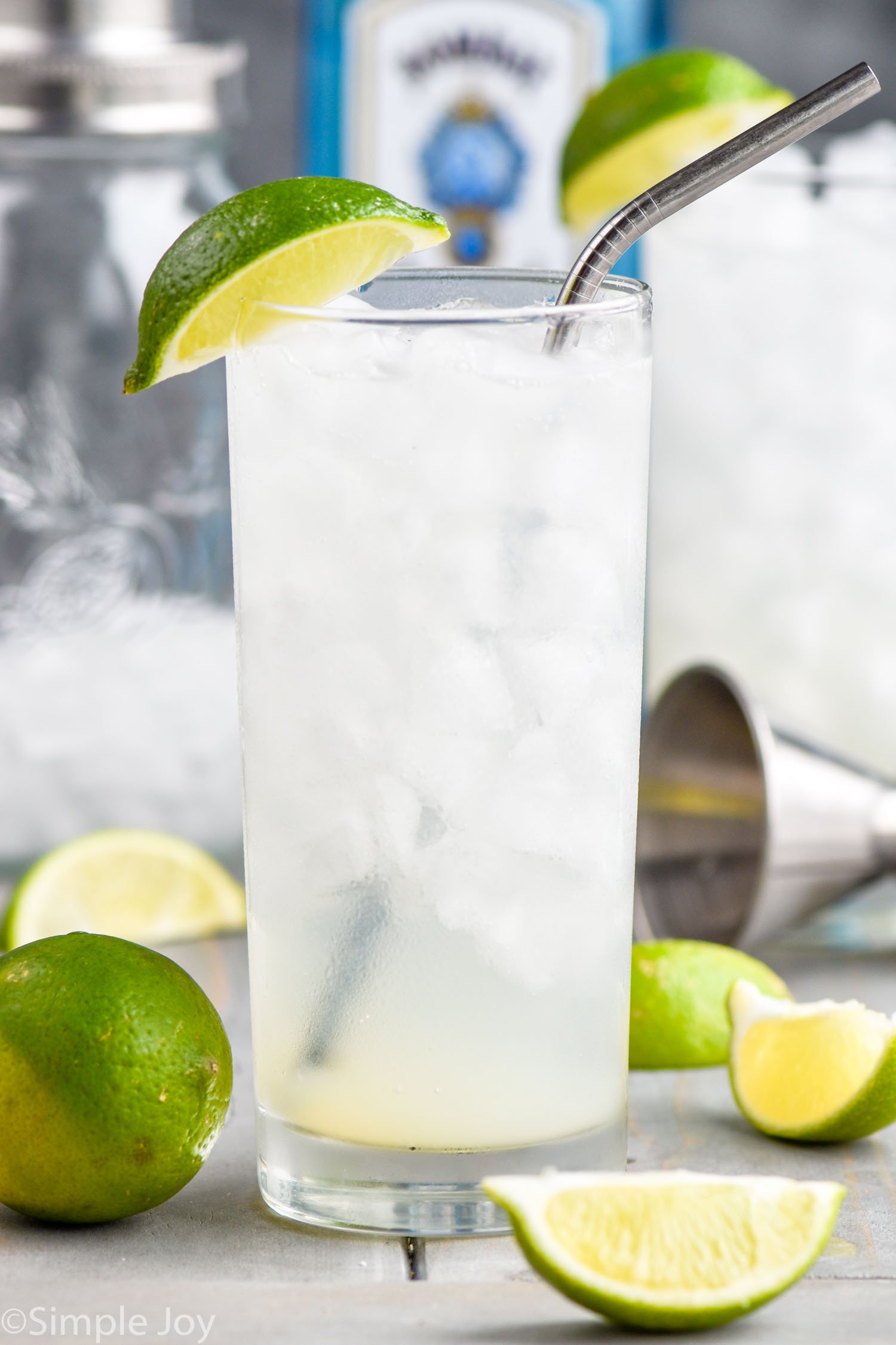 a tall glass with ice filled with a gin rickey, garnished with a lime wedge and with a metal straw