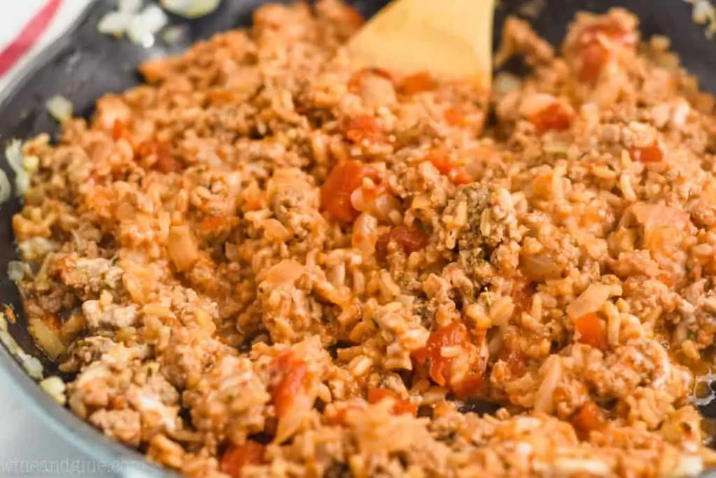 close up picture of ground turkey filling for stuffed bell peppers