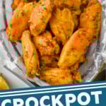 pinterest graphic of an overhead picture of chicken wings in a basket, says "crockpot chicken wings simplejoy.com"