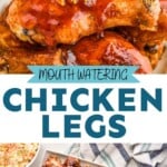 pinterest graphic of grilled chicken legs, says: "mouth water chicken legs, simplejoy.com"