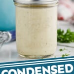 pinterest graphic of a can of condensed cream of chicken soup, says: condensed chicken soup simplejoy.com