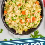 pinterest graphic of overhead photo of a black bowl full of instant pot chicken and rice, fresh parsley off to the side and a serving spoon, says: instant pot chicken & rice simplejoy.com