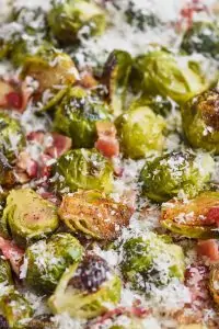 up close of roasted brussel sprouts with parmesan cheese and bacon