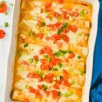 overhead view of white ceramic baking dish filled with buffalo chicken enchilada recipe that is garnished with green onions and chopped tomatoes - 6