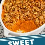 pinterest graphic of sweet potato casserole topped with pecans, says: "sweet potato casserole, simplejoy.com"