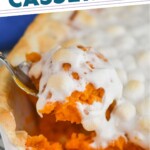 pinterest graphic of sweet potato casserole with marshmallows being spooned up, says: "the best sweet potato casserole, simplejoy.com"