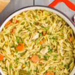 overhead view of pot of turkey noodle soup