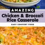 collage of photos of chicken and broccoli rice casserole