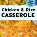 collage of photos of chicken and broccoli rice casserole