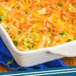 casserole dish with broccoli rice casserole