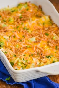 white casserole dish filled with chicken broccoli and rice casserole topped with fried onions