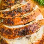 up close photo of a sliced turkey breast recipe