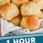 pinterest graphic of basket of dinner rolls that says, "1 hour dinner rolls, simplejoy.com"