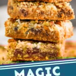Pinterest graphic of an up close picture of a stack of magic bars with a bite missing from the top one, says: magic cookie bars simplejoy.com