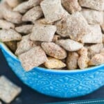 pinterest graphic of a bowl of muddy buddies