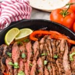 Pinterest graphic for Steak Fajitas recipe. Text says, "The best Steak Fajitas simplejoy.com." Image is overhead photo of Steak Fajitas in a cast iron skillet.