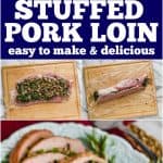 collage of photos of stuffed pork loin