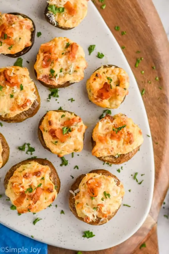 overhead of easy stuffed mushrooms on a platter