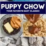 collage of photos of puppy chow, including how to make it