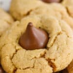 close up picture of peanut butter blossom cookie