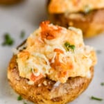 a close up of a stuffed mushroom - 8