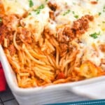 pinterest graphic of close up of a casserole dish of baked spaghetti