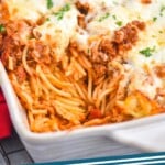 pinterest graphic of close up of a casserole dish of baked spaghetti