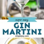 pinterst graphic of a gin martini that says, "super easy gin martini, simplejoy.com"