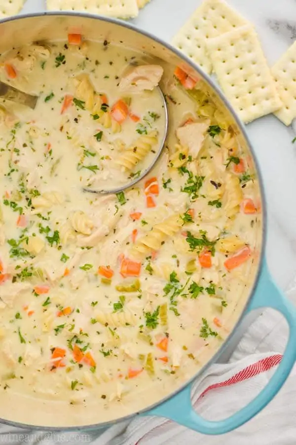 overhead view of a teal stock pot full of creamy chicken noodle soup garnished with parsley, with a ladle in it, crackers around the pot