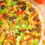 pinterest graphic of taco pizza recipe, says: "the best taco pizza recipe, simplejoy.com"