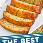 pinterest graphic of a loaf of sliced banana bread, says: the best banana bread simplejoy.com