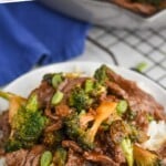 pinterest graphic of a small plate of beef and broccoli recipe over rice, says: "the best beef and broccoli, simplejoy.com"