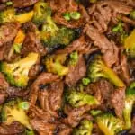 overhead view of a recipe for beef and broccoli