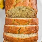 front view of banana bread; first half of loaf has been sliced - 17