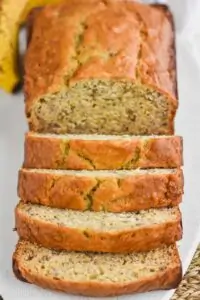 front view of banana bread; first half of loaf has been sliced