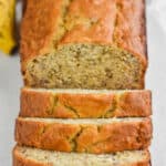 front view of banana bread; first half of loaf has been sliced
