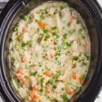 overhead view of a crockpot with chicken and rice casserole garnished with fresh parsley - 25