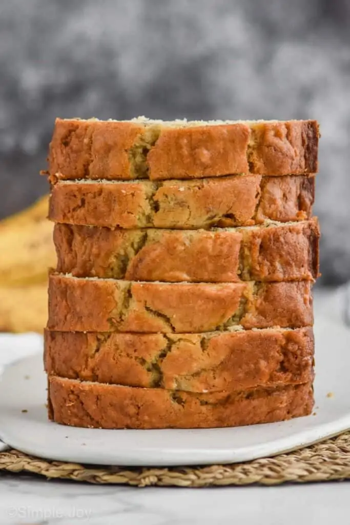 up close view of stack of 6 pieces of easy banana bread