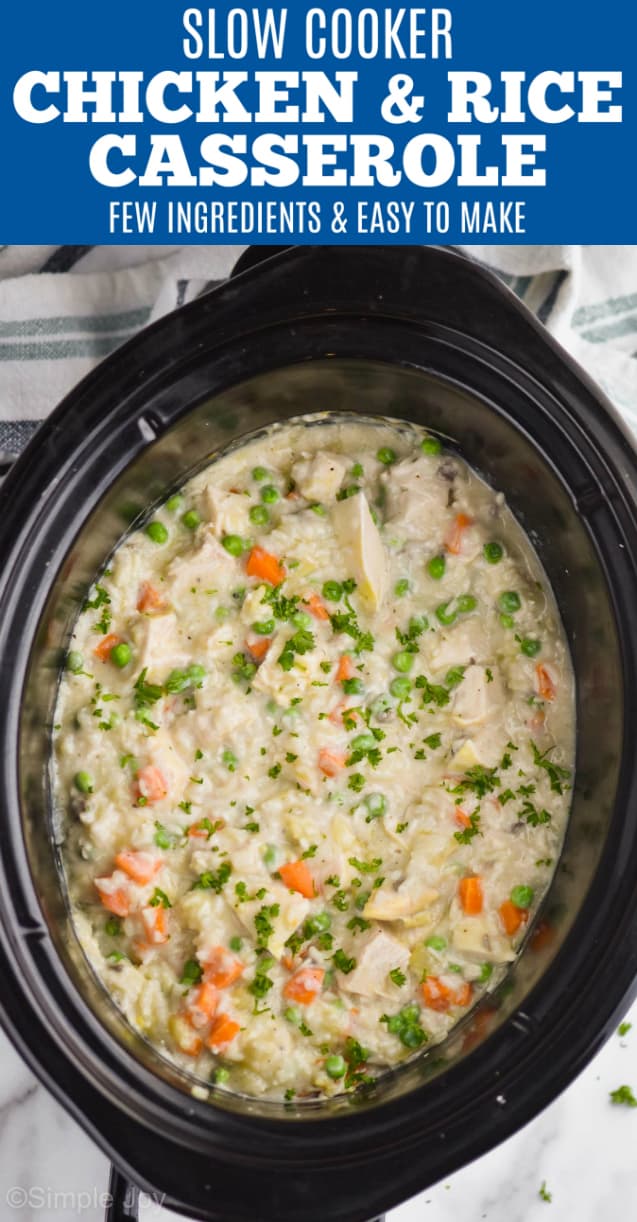 overhead view of a crockpot with chicken and rice casserole garnished with fresh parsley
