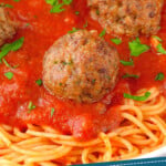 pinterest graphic of up close picture of Italian Meatballs says, "grandma's amazing italian meatballs, simplejoy.com"