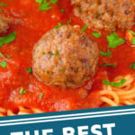 pinterest graphic of up close picture of Italian Meatballs says, "the best italian meatballs, simplejoy.com"