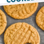 pinterest graphic of a peanut butter cookie with a bite missing, says: "old fashioned peanut butter cookies simplejoy.com"