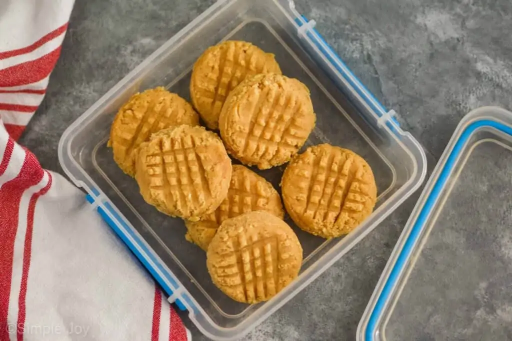 overhead view of a square plastic sandwich container that is full of frozen unbaked peanut butter cookies