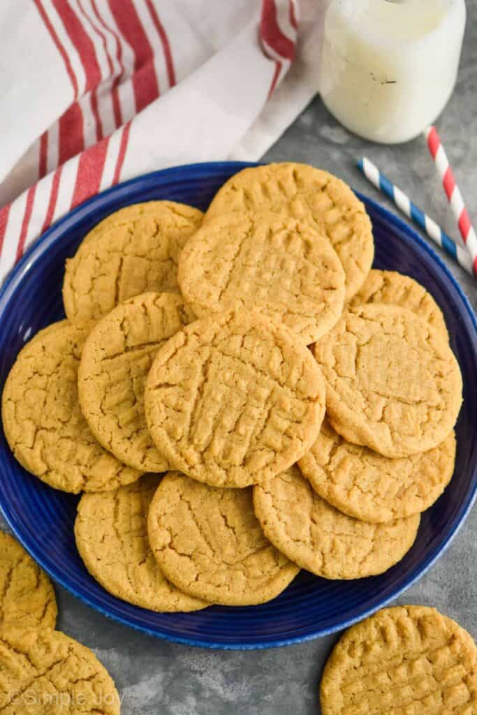 overhead view of a blue plate of peanut butter cookie recipe