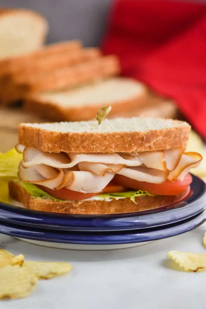 a turkey sandwich with tomatoes and lettuce on a blue plate with a loaf of sliced easy sandwich bread in the background