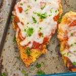 Pinterest graphic of Baked Chicken Parmesan on a pan