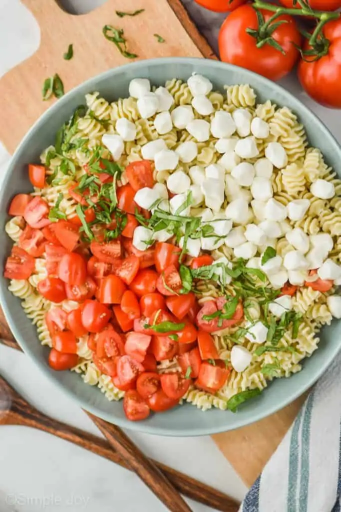overhead view of large bowl of pasta with quartered cherry tomatoes, shredded basil, and pearl mozzarella